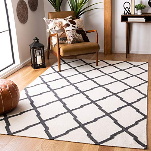 SAFAVIEH Dhurries Collection Area Rug - 5' x 8', Ivory & Charcoal, Handmade Flat Weave Wool & Viscose, Ideal for High Traffic Areas in Living Room, Bedroom (DHU645B)