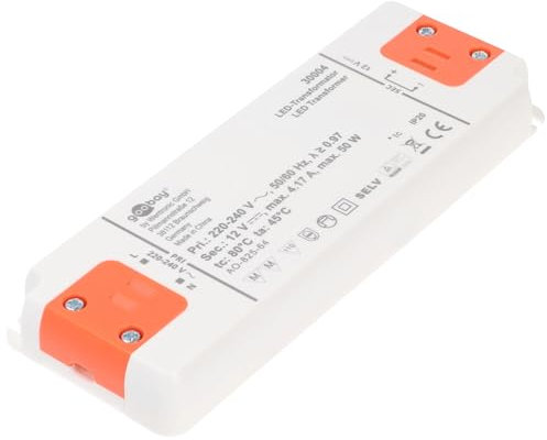 Goobay 30004 LED Trafo 230V auf 12V LED Spot 12V Transformator 50W Gesamtlast LED Treiber 12V DC Gleichspannung LED Driver 12V Trafo kein Flackern, Weiß/Orange