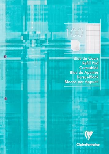 Clairefontaine 5810C Un Bloc de Cours Encollé Perforé Turquoise - A4 21x29,7 cm - 200 Pages Quadrillé 10x10 avec Marge - Papier Blanc 90 g - Couverture Carte Pelliculée