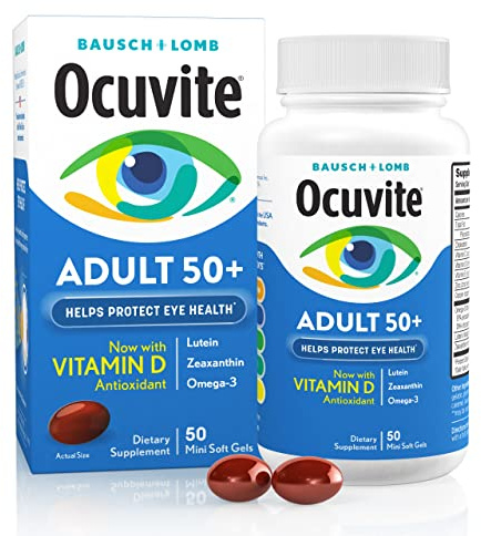 Ocuvite 50+ Eye Vitamin & Mineral Supplement, Multivitamin for Vision & Ocular Health with Omega-3, Zinc, Vitamins C & E, Lutein & Zeaxanthin, Zinc Supplements for Women and Men, 50 Softgels