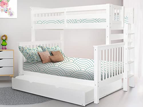 Bedz King Mission Style Twin Over Full White Bunk Bed with End Ladder and Full Trundle