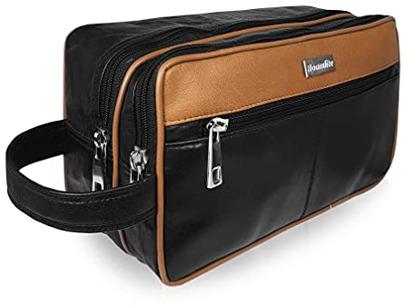 Roamlite Leather Toiletry Wash Bag for Toiletries - Holiday Travel Washbag - Gym Bathroom or Shower Shaving or Cosmetics Kit Bag - Unisex Suitable as Men's or Ladies - 3 Zipped Sections - 2 Tone RL155
