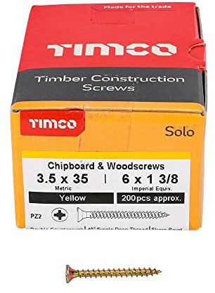 TIMCO Solo Chipboard & Woodscrews - Gold - 3.5 x 35 - Box of 200 - A single thread woodscrew mainly used in various types of timber and man-made boards or into masonry with the use of plastic plug