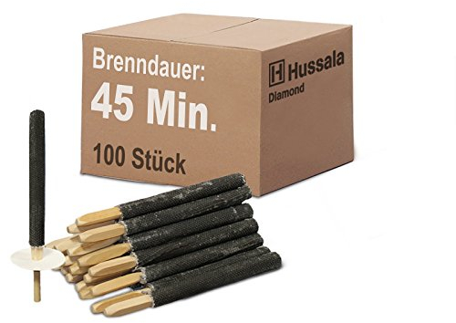 Hussala Diamond Wachsfackeln [100 Stück / 45 min] mit Holzstab und Tropschutz, Garten Fackeln aus Diamond-Wachs