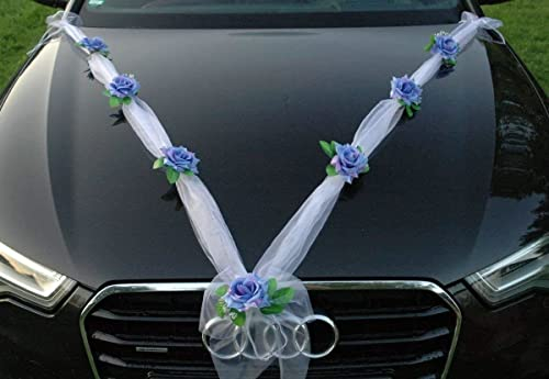 Organza M Auto Schmuck Braut Paar Rose Deko Dekoration Autoschmuck Hochzeit Car Auto Wedding Deko (Blau/Weiß)