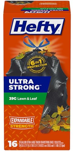 Hefty Ultra Strong Lawn and Leaf 39 Gal Trash Bags, Black, Unscented, 16ct