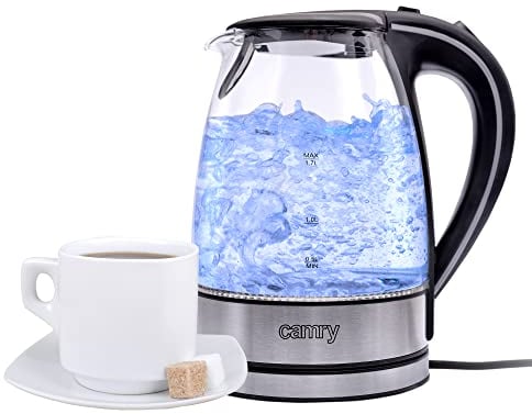 Wasserkocher Edelstahl Glas 1,7 Liter|2000W| blaue LED Innen-Beleuchtung 360 Grad, kabellos, Kalkfilter, BPA Free, schwarz