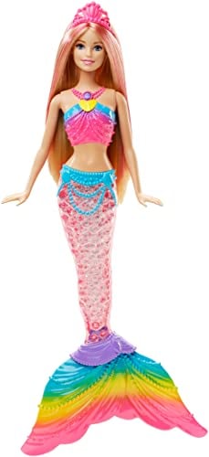Barbie Dreamtopia poupée sirène Arc-en-Ciel Blonde Couleurs et Lumières à Plonger dans l'eau, avec Piles incluses, Jouet pour Enfant, DHC40