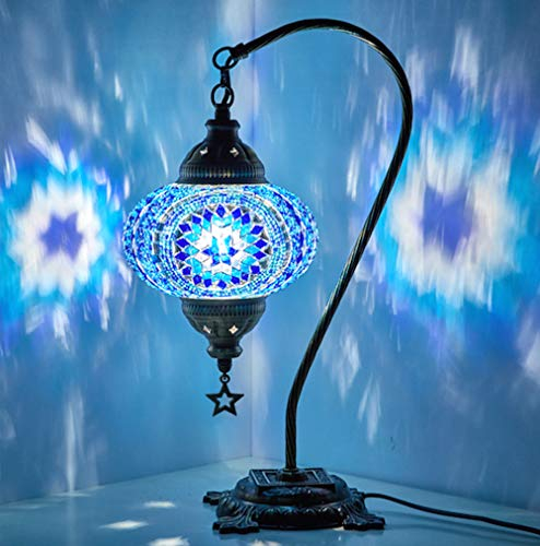 DEMMEX Türkische marokkanische Mosaik-Tischlampe für Schlafzimmer, Wohnzimmer – Tiffany-Stil, Schreibtisch-Nachttischlampe, Lampenschirm, Glasmosaik und Perlen, verzierter Metallkörper und Sockel,