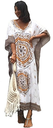 Ho Mall Damen Sommer Elegant Strand Poncho Ethnisch Drucken Lose Kaftan Kittel Sommer Maxi Kleid (Muster 3, Einheitsgröße)