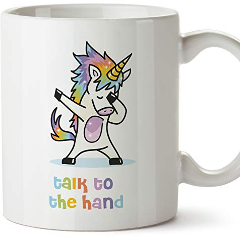 MUGFFINS Taza Unicornio (en inglés) - Tell it/Talk to The Hand - Regalo Original con Frases Divertidas para desayunos