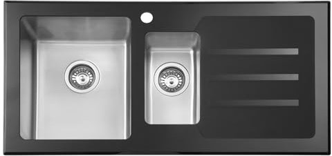 JASSFERRY Küchenspüle 1,5 Becken Einsatz, Rechts Hand Glänzend Glasplatte Abtropffläche Waschbecken Edelstahl Abfluss Rohrsatz