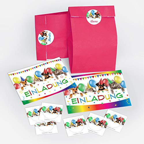 JuNa-Experten 12 Einladungskarten zum Kindergeburtstag/Einladungen zum Geburtstag für Mädchen und Jungen lustige Katzen und Hunde inkl. 12 Umschläge, 12 Party-Tüten/rosa, 12 Aufkleber