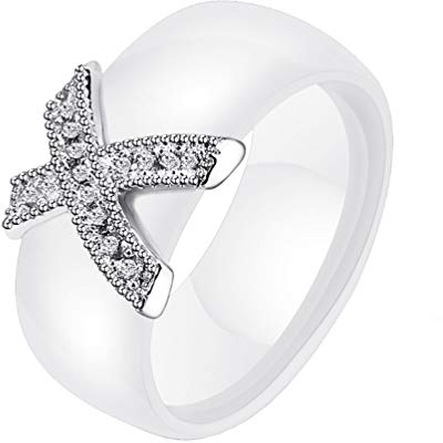 HIJONES Damen Mädchen Elegante Kristall Keramik Ring Kuppel aus Edelstahl mit Zirkonia Promise Eheringe Weiß Größe 60
