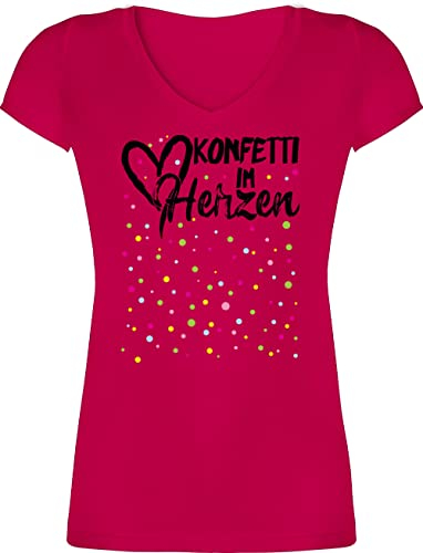 T-Shirt Damen V Ausschnitt - & Fasching - Konfetti im Herzen I Köln Karneval I Confetti - L - Fuchsia - Tshirt Herz faschingsshirt Faschings Fastnacht Shirts karnevalsshirts Karnevals Shirt