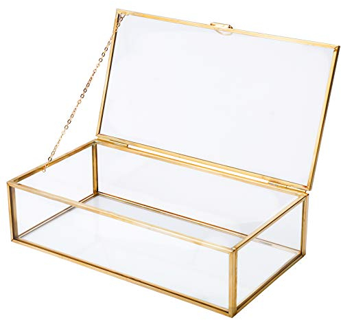 Homtone Caja Cristal Dorada, Joyero Vintage, Cajas de Joyas de Cristal con Tapa, Organizador Dorado para Vestidor de Dormitorio, Decoraciones para Bodas, Fiestas de cumpleaños, Rectángulo, 20cm