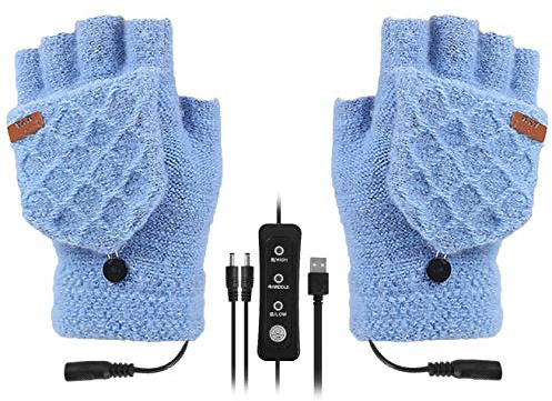 SoulQool Unisex Adjustable Temperature USB Heated Gloves,Knitted Washable Half & Full Fingers Warmer Laptop Gloves Winter Mittens with 3 Temperature Levels