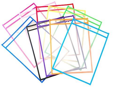 XLKJ 10 Stück Dry Erase Taschen, Reusable Dry Erase Pockets, Trocken Abwischbare Taschen Wiederverwendbar für Schul, Büro, Haushalts- und Schulbedarf Bunte 25,5 x 35,5 cm