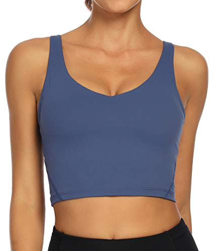 Lemedy Damen Sport-Bustier, langes, bauchfreies Tank-Top, gepolstert, Workout, Laufen, Yoga - Blau - X-Large