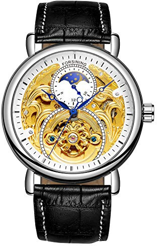 FORSINING Herren Analog Automatik Uhr Vintage AM/PM Sonne Mond Skeleton mit Kalbsleder aus Leder Armband