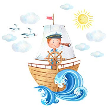 Wandtattoo Seemann auf einem Schiff - Wolken Hund Möwen Fisch Kinderbilder Junge Kinderzimmer Mädchen Aufkleber Osomhome (Junge Seemann, L) 120 x 115 cm