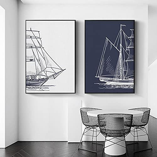 ZMFBHFBH Schiff Leinwand Malerei Nordic Wandkunst Poster Segelschiff Segelschiff Navy Fotodruck Wohnzimmer Home Framed Art Decor 40x60cm (16x24in) x2 Mit Rahmen
