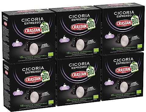 CRASTAN 1870 - Capsule compatibili Nespresso - Cicoria da agricoltura biologica - 6 Box da 15 Capsule - Totale 90 caspule - Naturalmente Priva di Caffeina - Senza Glutine