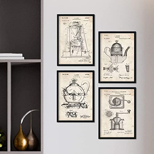 Nacnic 4 Bilder mit Kaffee Patenten | Posterset mit Erfindungen und alten Werkzeugen | Bilder von Kaffeemaschine, Kaffeekanne, Kaffeemühle | Größe A4.