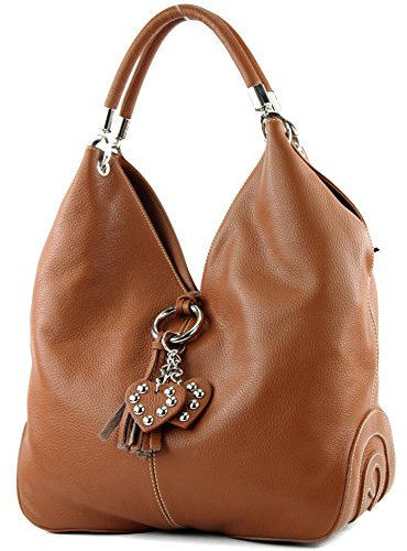 modamoda de 330 Damen Leder Nappaleder Wildleder Schultertasche Henkeltasche groß handmade in Italy, Farbe:Cognac