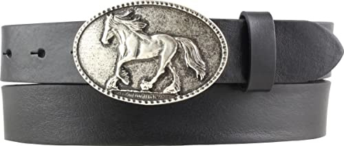 BELTINGER Ceinture enfant pour cavalier avec boucle de ceinture cheval en cuir vachette pleine fleur 3 cm | Ceinture cavalier 30mm pour culotte d´équitation | avec motif de cheval | Noir 70cm