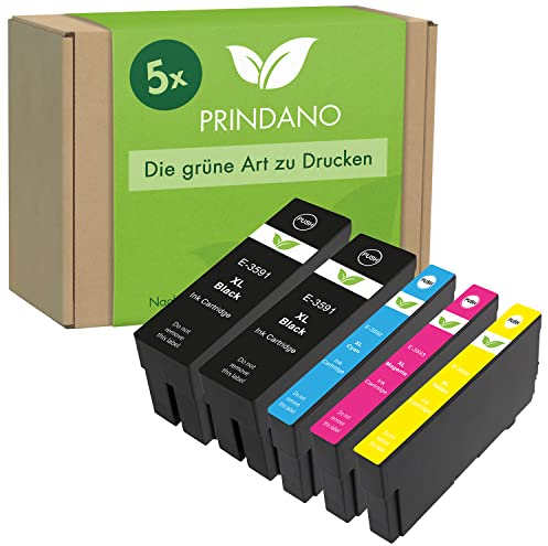 Prindano 5er Set Patronen, Schwarz, Kompatibel mit Epson T3591-T3594 und WorkForce Pro WF-4720 Series, Sehr gute Druckerergebnisse, einwandfreie Funktion, Biologisch abbaubare Verpackung