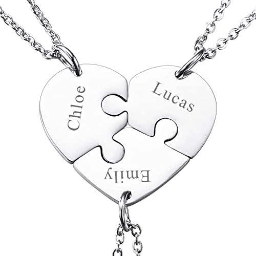 INBLUE Personalisierte Halskette für Männer/Frauen, Paar-/Freundschaftskette für 2/3/4/5 Teile, Schwarz/Silber Herz-Puzzle-Teile-Halsketten-Sets, Name/Text-Gravur Edelstahl-Halskette (3 Stück)