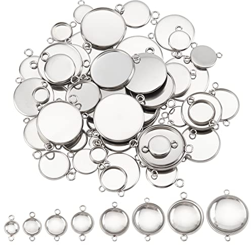DICOSMETIC 64 Stück 8 Größen Edelstahl Flache Runde Anhänger Tabletts Cabochon Verbinder Fassungen Glatte Kanten Lünettenbecher Mit Transparenten Glascabochons Für Die Schmuckherstellung