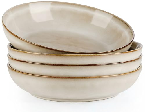 AmorArc 8.5’’ Ceramic Pasta Bowls Set of 4, 36oz Large Stoneware Bowls Set | Large Dinner Serving Bowls Set, Wide Bowl Plate for Pasta,Salad, Soup, Microwave Safe, Reactive Glaze-Cappuccino