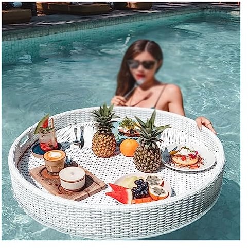DOZPAL 60/80cm Plateau Flottant Ultra-Large Panier Plateau de Service Rond en Rotin Tissé pour Piscine Servir Boissons, Brunch, Nourriture sur l'eau,White-60cm