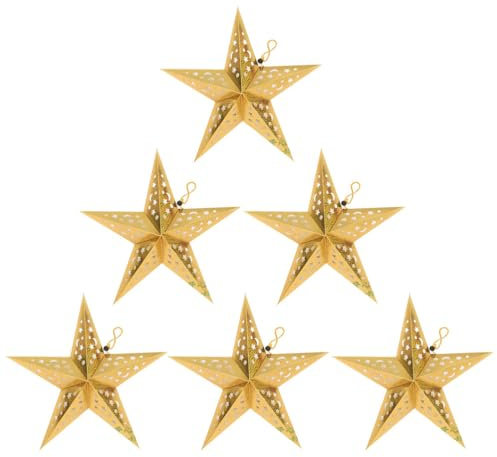 Housoutil Christmas Paper Star Lantern Lampshade, 6PCS Christmas Ceiling Gold Paper Stars Lampshade, Hollow 3D Pentagram for Xmas Wedding Party Home