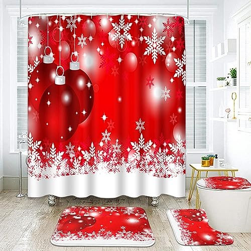 Red Christmas Snowflakes Ball Bathroom Sets with Shower Curtain and Rugs and Accessories, Winter Snow Shower Curtain Sets, Glitter Holiday Shower Curtains for Bathroom Decor 4 Pcs