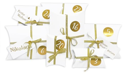 Frau WunderVoll® DIY Adventskalender zum Befüllen HoHoHo matt weiß, Zahlen gold/Weihnachtskalender Bastelset Weihnachten,Schachteln,Kissenschachteln, Pillowbox, Kinder, Zahlen, Geschenkbeutel