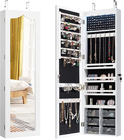 GOPLUS Schmuckschrank mit Spiegel, Wandmontierbarer abschließbarer Schmuckschrank mit 5 LED-Lichtern, 4 Lagerregale, 120 Ohrringschlitzen, 18 Haken, 84 Ringschlitzen & 6 Schubladen (Weiß)