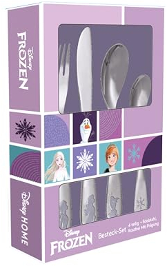 p:os 35805 - Juego de Cubiertos Frozen la Reina del Hielo para niñas, Juego de Cubiertos Infantiles de 4 Piezas de Acero Inoxidable, con Cuchillo, Tenedor, Cuchara sopera y Cuchara de Postre