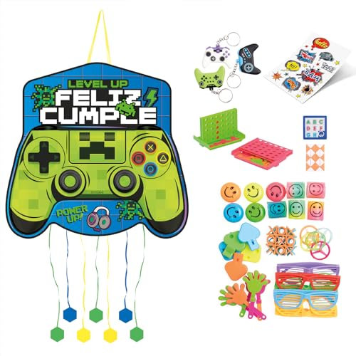 Piñata de Cumpleaños Grande de Gamer de 45 x 43 cm con 44 piezas de juguete - Decoración Fiestas Infantiles Niño y Niña - Piñatas Grandes para rellenar con juguetes y chuches.