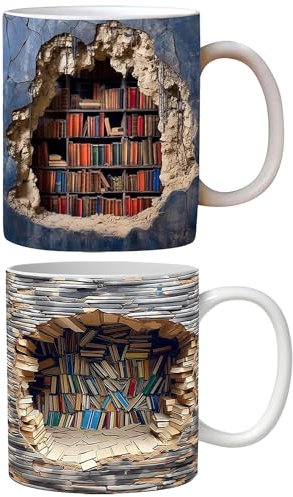 JSvsza 3D Bookshelf Mug,3D Bookshelves Hole In A Wall Mug, Creative Space Design Multi-Purpose Mugs,Coffee Mugs for Library Office,Book Lovers Coffee Mug, for Women, Men and Book Lovers, 2PCS AB