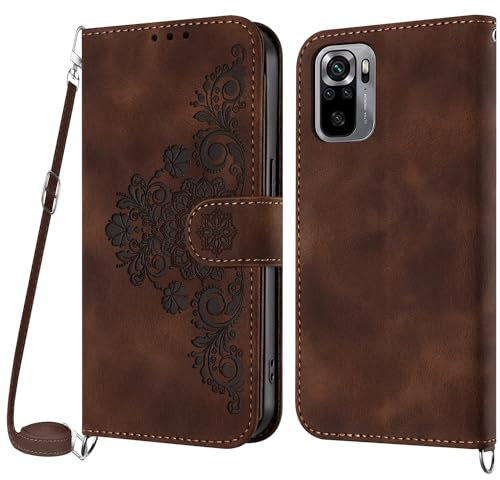 Netany Coque pour Xiaomi Redmi Note 10 4G/ Redmi Note 10S avec Cordon, Etui avec Cordon Collier, Housse en Cuir PU avec [Bandoulière Réglable] Lanyard Case Cover (Marron)