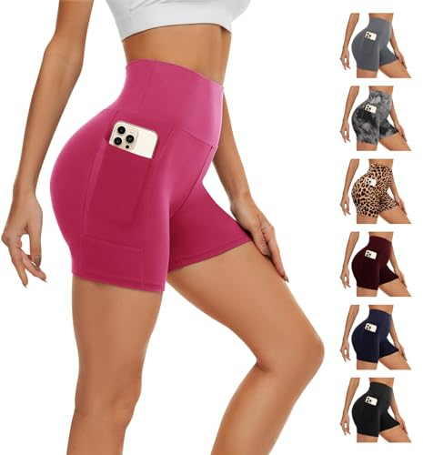 AMIYOYO Kurze Sporthose Damen mit Handytasche High Waist Radlerhose Blickdicht Sport Shorts Kurze Leggings Bauchweg Unterhosen Yoga Gym für Sommer(Rot,S-M=DE34-40)