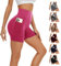 AMIYOYO Kurze Sporthose Damen mit Handytasche High Waist Radlerhose Blickdicht Sport Shorts Kurze Leggings Bauchweg Unterhosen Yoga Gym für Sommer(Rot,S-M=DE34-40)