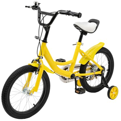 HuKaiL 16 Zoll Kinderfahrrad Tretfahrrad ab 5-8, Fahrrad Kinder für Jungen Mädchen, Höhenverstellbar Kinder Fahrrad mit Hilfsrad Doppelbremssystem (Gelb)