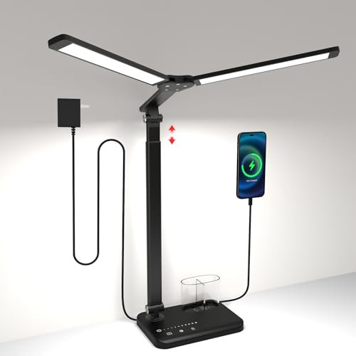 LED Desk Lamp with Dual Heads, Height Adjustable, USB Charging Port, 5 Light Modes & Dimmable Brightness, Bedside Lamp for Reading, Crafting, Work, Study (Black, 15W)