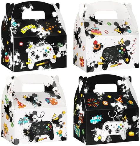 WERNNSAI Video Game Party Favor Boxes - 12 PCS Gaming Birthday Party Supplies Boys Goodie Candy Treat Boxes Kids Party Bags for Boys Birthday Decorations Black&White