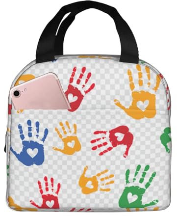 TietYaer Bolsa de almuerzo reutilizable con formas de mano coloridas con estampado de arco iris, lonchera portátil para adultos, mujeres, hombres, trabajo, picnic