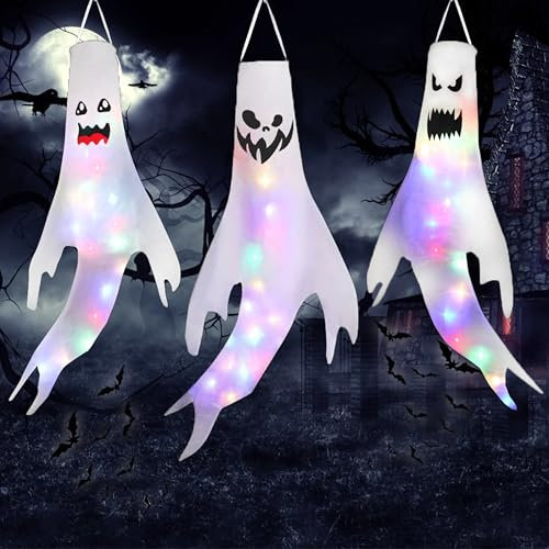 3 Stück Halloween WindsäCke Geist Windsack Geist Garden Dekoration, Mit Farbig Led Lichtern, Geisterflagge Windsocken Geistergesicht, FüR Zuhause, Hof, Terrasse, Garten, Halloween Party Deko